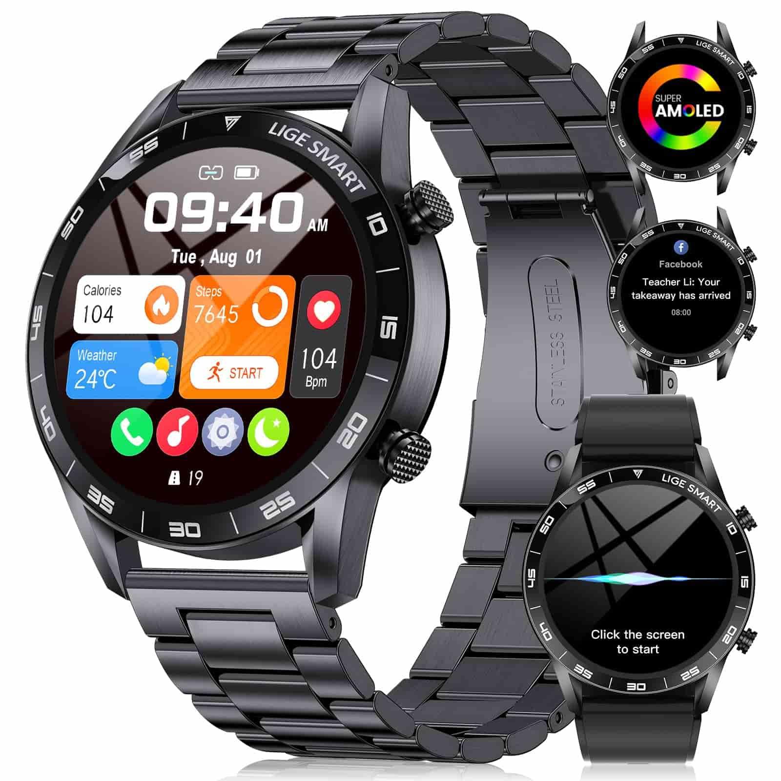 LIGE AMOLED Men Smart Watch Bluetooth Call Heart Rate Blood Oxygen Waterproof Sports Fitness Bracelet Women Smartwatch Men Clock